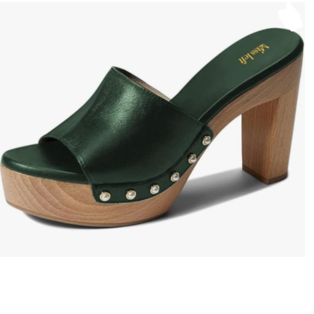 miss left Green Platform Chunky High Heel Mules Open Toe Studded Slide Sandal